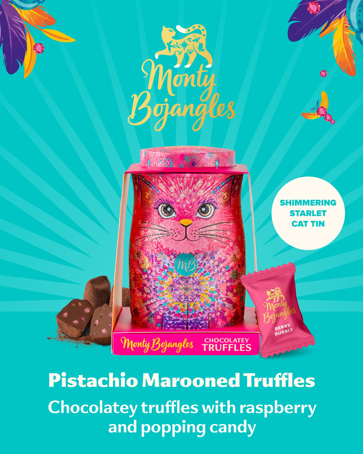Monty Bojangles Kit-Tins Cocoa Dusted Chocolate Truffles Gift Set (4 x 36g) Four Flavours In One, Luxury Chocolatey Truffles - Collectable Cat Tins, Truffles Chocolate Gift Box With Bespoke Design