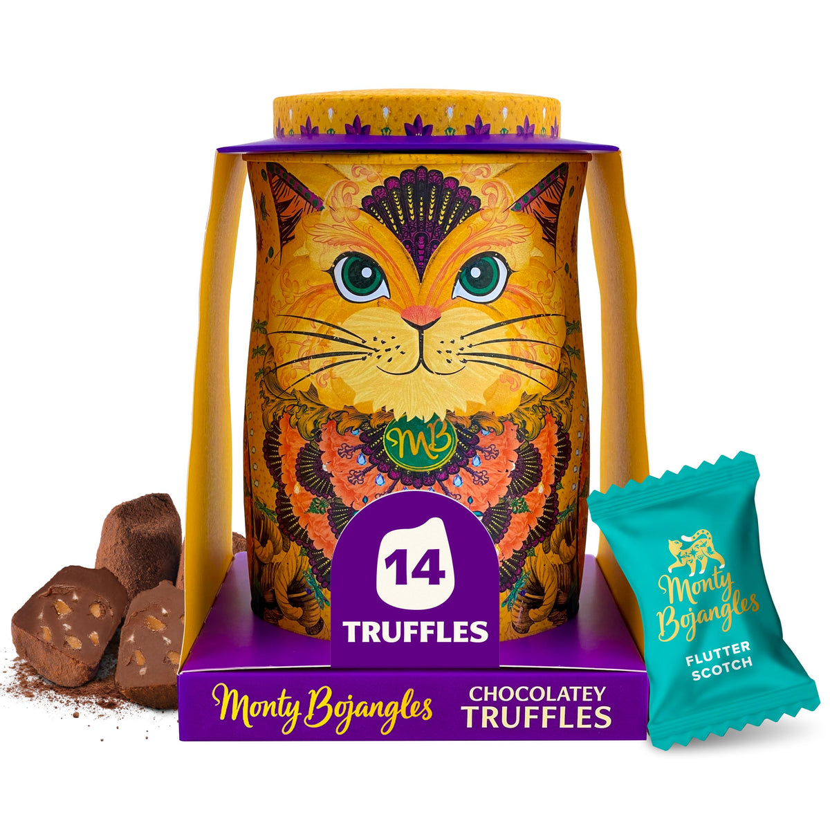 Monty Bojangles Kit-Tins Cocoa Dusted Chocolate Truffles Gift Set (4 x 36g) Four Flavours In One, Luxury Chocolatey Truffles - Collectable Cat Tins, Truffles Chocolate Gift Box With Bespoke Design