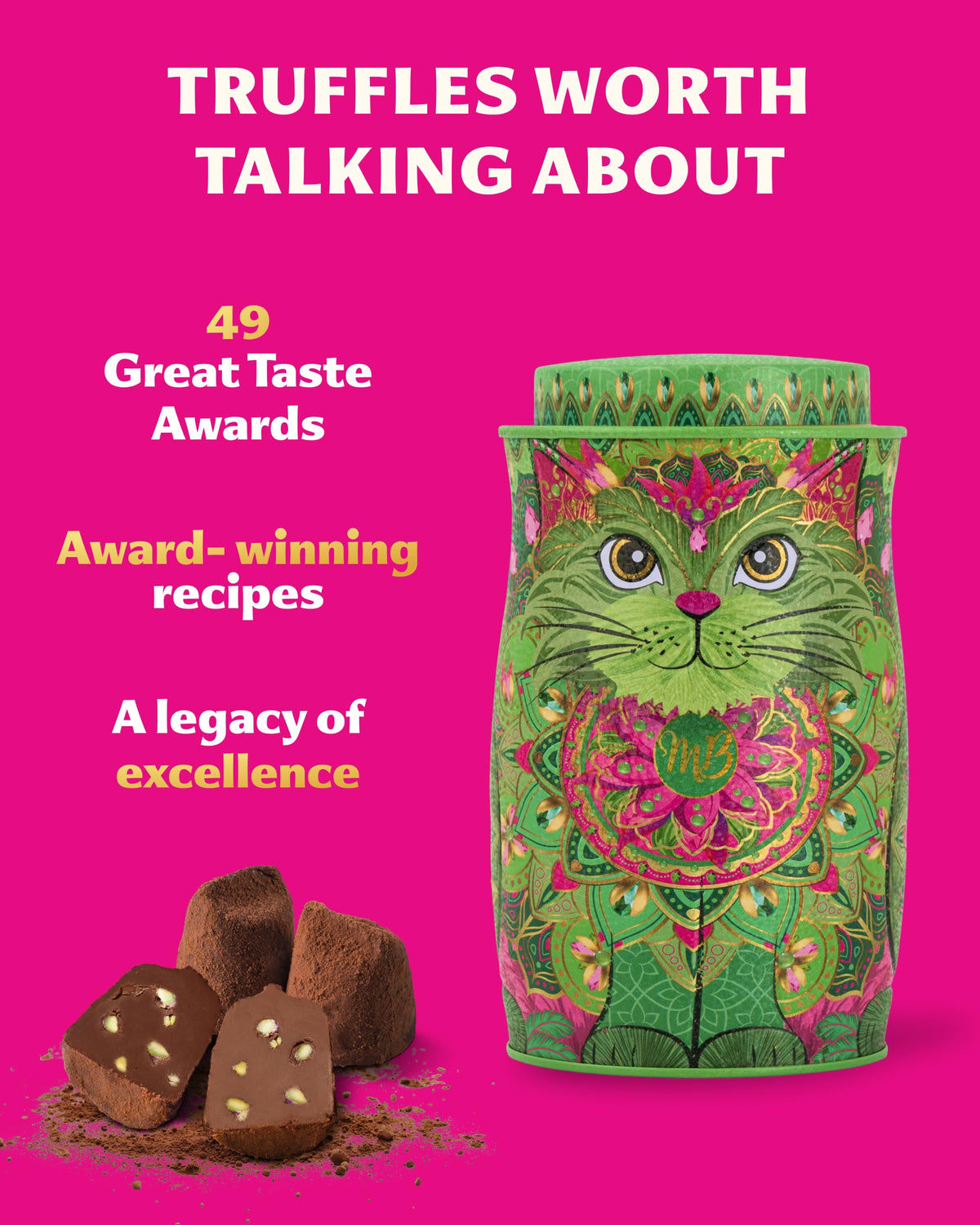Monty Bojangles Kit-Tins Cocoa Dusted Chocolate Truffles Gift Set (4 x 36g) Four Flavours In One, Luxury Chocolatey Truffles - Collectable Cat Tins, Truffles Chocolate Gift Box With Bespoke Design