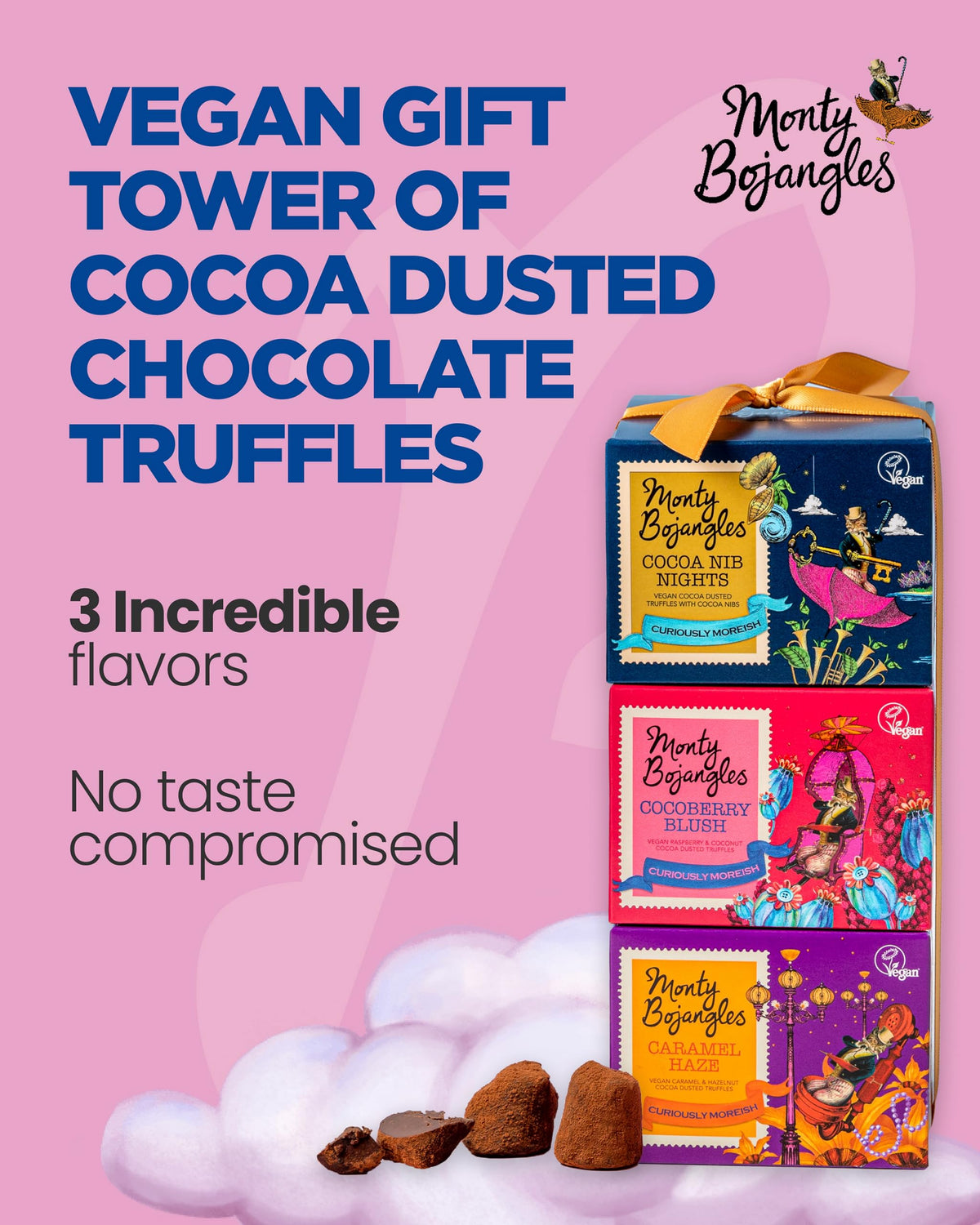 Monty Bojangles Cocoa Dusted Truffles Gift Tower (3 x 100g Pack)- 3 Luxury Chocolate Truffle Boxes - Choccy Scoffy, Scrumple Nutty & Flutter Scotch- The Perfect Chocolate Gift Box Selection