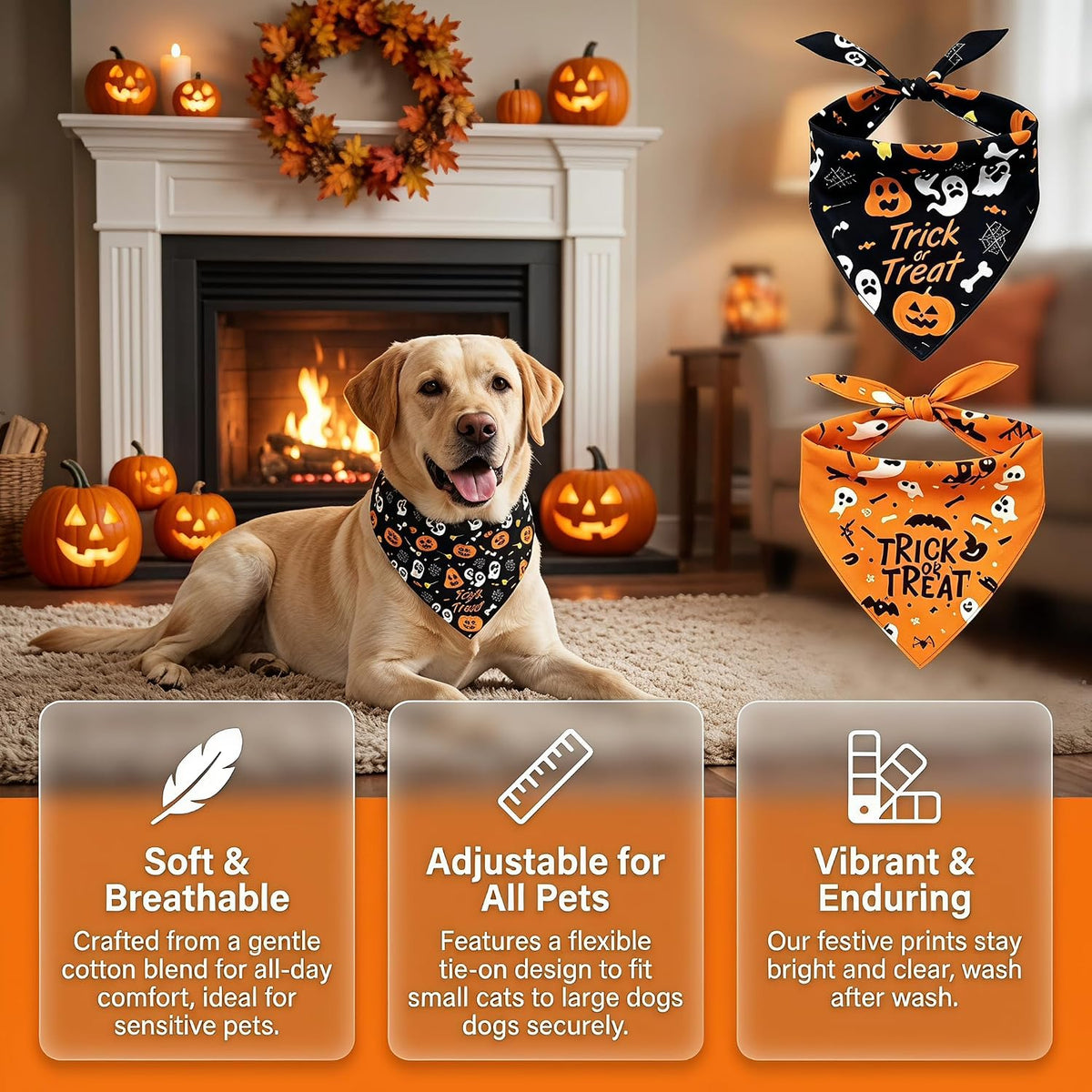 2Pcs Dog Halloween Costume, Pet Triangle Bandana, Black Orange Pumpkin Ghost Print Soft Bandanas, for Large Medium Small Dogs Cats, Halloween Cosplay Party Costumes, Holiday Photo Accessories