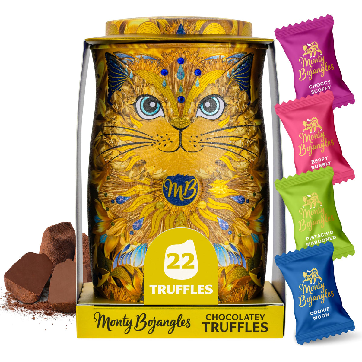 Monty Bojangles Kit-Tins Cocoa Dusted Chocolate Truffles Gift Set (4 x 36g) Four Flavours In One, Luxury Chocolatey Truffles - Collectable Cat Tins, Truffles Chocolate Gift Box With Bespoke Design