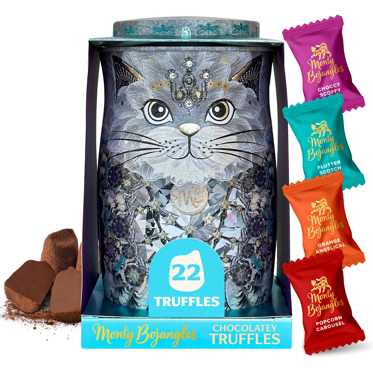 Monty Bojangles Kit-Tins Cocoa Dusted Chocolate Truffles Gift Set (4 x 36g) Four Flavours In One, Luxury Chocolatey Truffles - Collectable Cat Tins, Truffles Chocolate Gift Box With Bespoke Design
