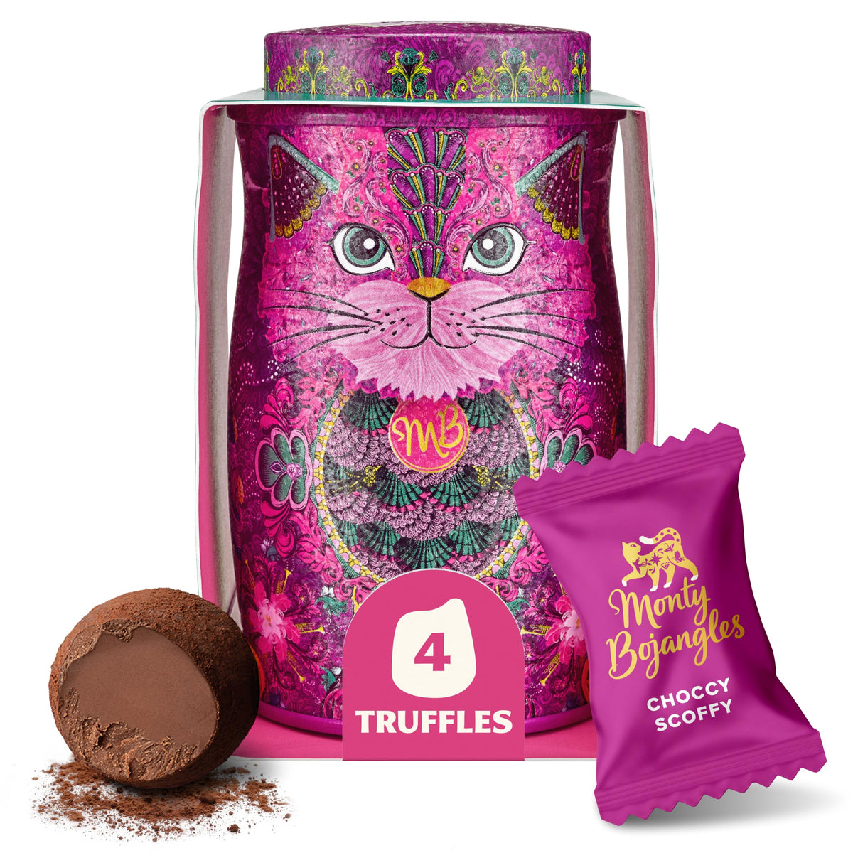 Monty Bojangles Kit-Tins Cocoa Dusted Chocolate Truffles Gift Set (4 x 36g) Four Flavours In One, Luxury Chocolatey Truffles - Collectable Cat Tins, Truffles Chocolate Gift Box With Bespoke Design