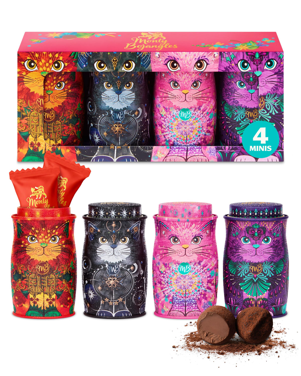 Monty Bojangles Kit-Tins Cocoa Dusted Chocolate Truffles Gift Set (4 x 36g) Four Flavours In One, Luxury Chocolatey Truffles - Collectable Cat Tins, Truffles Chocolate Gift Box With Bespoke Design