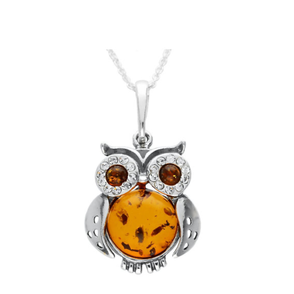 Small Owl Amber Zirconia Silver Pendant. FREE DELIVERY - Sayby’s Sanctuary 