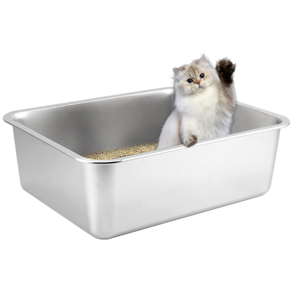 XXL Stainless Steel Cat Litter Tray 50 × 35 × 15 cm