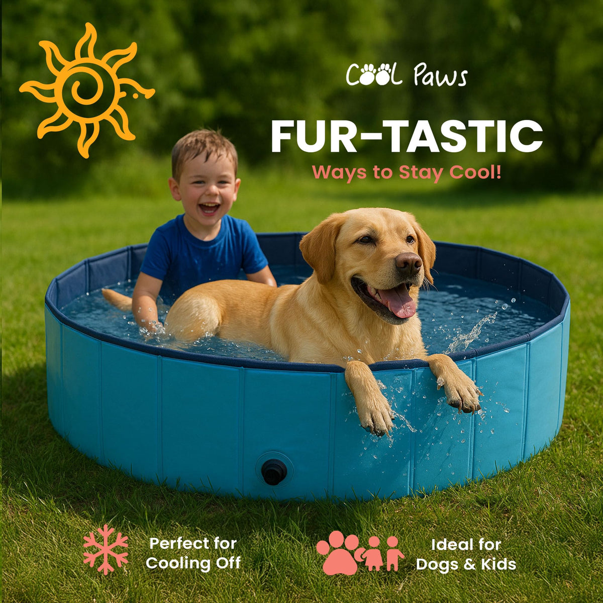 Cool Paws Paddling Pool – Foldable Dog & Kids Pool in Multiple Sizes (S–XL), Leakproof & Durable Hard Plastic Design, Pet Bath or Play Pool for Indoors, Outdoors, Garden, Patio – Blue - Sayby’s
